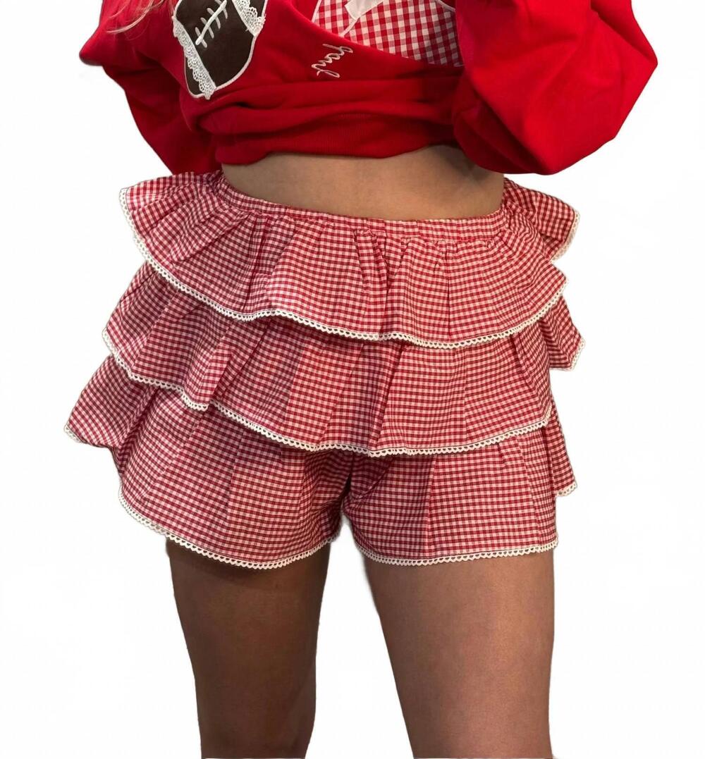 NEW BUTTERMELON leila tiered gingham ruffle mini skort in red / ivory